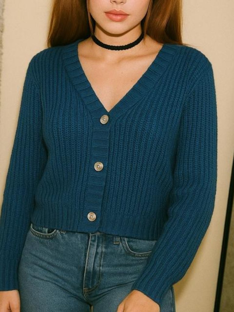 Stay Cozy And Stylish With This Blue V-Neck Button-Up Sweater. Perfect For